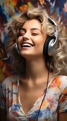 Fototapeta premium Stunning close-up of a woman with wavy hair, gleaming smile, and headphones, set against a muted background.