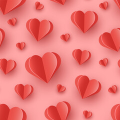 Floating hearts on pink background. Seamless pattern with paper cut decorations. Design for Valentine’s Day. Vector illustration