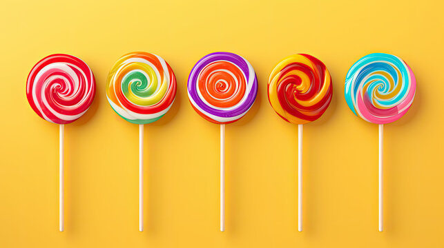 Five Fruit Rainbow Swirl Flat Lollipops in a row banner. Lollipop candy set. Different sugar candies on sticks on yellow background.