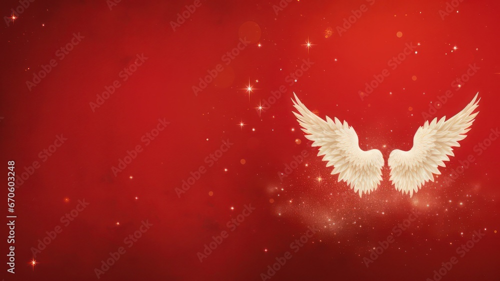 Poster white angel wings on a red christmas background with stars with lots of copy space on the right crea