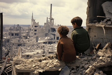 Young Survivors, Children Navigate War-Torn Urban Landscape - obrazy, fototapety, plakaty