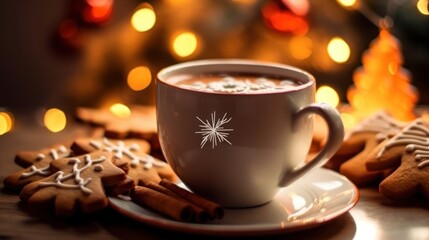 Obraz na płótnie Canvas Cup of hot cocoa with marshmallows and christmas tree on background. Christmas Concept With Copy Space