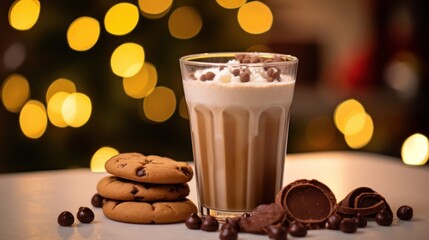 Coffee with chocolate cookies on the background of a Christmas tree