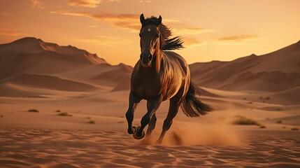 An AI illustration of a white horse running through the desert on a cloudy day - obrazy, fototapety, plakaty