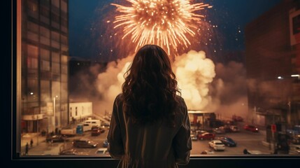 An AI illustration of a woman watching a fireworks show from an apartment window as it burns - obrazy, fototapety, plakaty