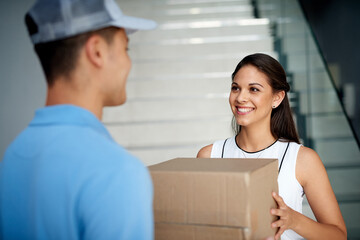 Customer, delivery guy or happy woman with box for ecommerce distribution or online shopping. Shipping services, smile or friendly courier man giving cardboard parcel, product or package in home