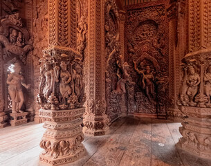 Columns with intricate wood detailing at Sanctuary of truth