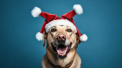 An AI illustration of the dog has his head on the ceiling, wearing a santa hat