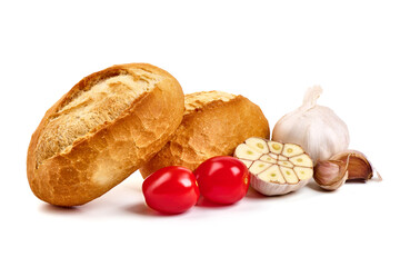Freshly baked rustic buns, French rolls, isolated on white background. High resolution image.