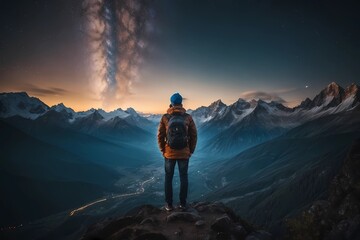 Back view of tourist standing on background of mountains and sky with glowing stars in night time.
Nature landscape, Mountains, a man looking away into the mountains on a starry night - obrazy, fototapety, plakaty