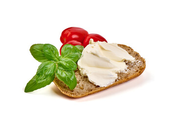 Sandwich with soft cottage cheese, isolated on white background.