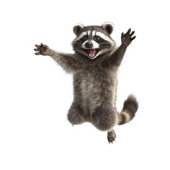 cute raccoon jumps and laughs on isolated transparent background