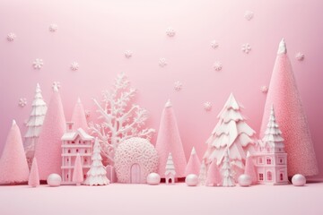 Happy New Year. Pink pastel castle, house, Christmas trees, decorative balloons, snow drifts, snowflakes on a pink background