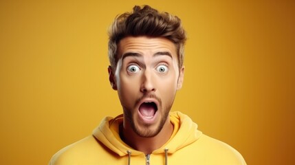 handsome man exited surprise face expression . Male feels shocked. exciting smile and happy adorable rejoices. Very enjoy and fun relax time. wow, - obrazy, fototapety, plakaty