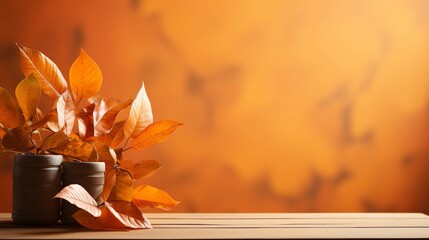  copy space  fall vase with leaves on a orange wall Generative AI