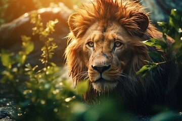 Obraz premium Wild lion king with bright yellow eyes stalking over the green leaves
