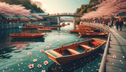 Fototapeta na wymiar Springtime Waterfront Bliss: Boats, Cherry Blossom Petals, and Pedestrian Bridge