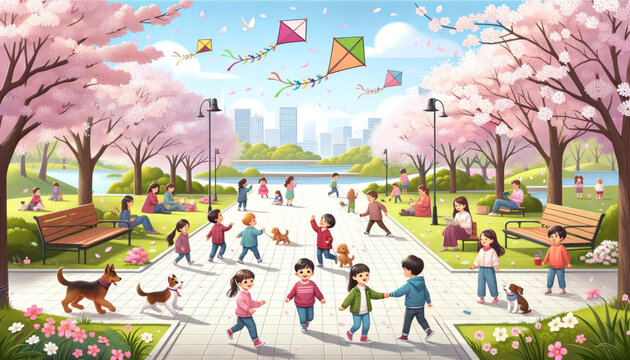 Illustrated Spring Park with Various Children Flying Kites and Blooming Cherry Blossoms