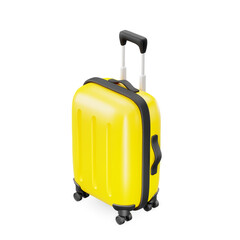 Colorful 3D Cartoon Yellow and Black Wheeled Suitcase. Graphic Element for Travel or Summer Holiday Concept. Vector Illustration of 3D Render.