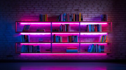 Shelf with books with neon lights made with Ai generative technology - obrazy, fototapety, plakaty