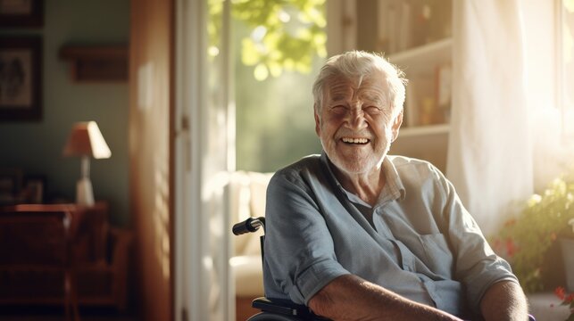Elderly man sitting in wheelchair smiling looking at camera in living room at home