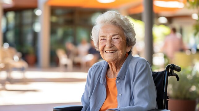 Elderly Woman Sitting In Wheelchair Smiling Looking At Camera In Living Room At Home