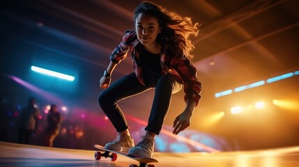 Fototapeta na wymiar Female athlete skating or professional skateboard in skating rink.