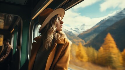 Travel blogger, female traveler Stand and look out the train window. Stunning views of the mountains