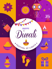 Happy Diwali creative modern geometric design style poster, banner, wallpaper and greeting card for Indian festival of lights. - obrazy, fototapety, plakaty