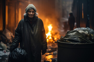 Homeless elderly woman standing near barrel with burning litter at cold night - obrazy, fototapety, plakaty
