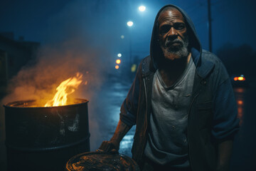 Fototapeta Homeless black man standing near barrel with burning litter in the night obraz
