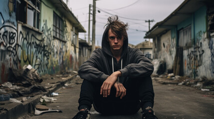 Fototapeta na wymiar Young homeless drug addict or alcoholic sitting on sidewalk