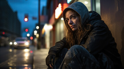 Young homeless woman cold and lonely in the street - obrazy, fototapety, plakaty