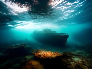Missing Sunken ship under water at the bottom of the ocean, sea