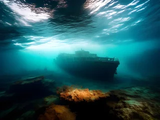 Foto op Plexiglas Missing Sunken ship under water at the bottom of the ocean, sea © liliyabatyrova