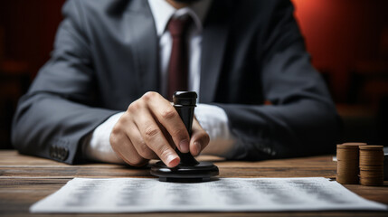 Wooden Stamper in Action: Businessman Approving or Rejecting Document