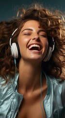 Stunning close-up of a woman with wavy hair, gleaming smile, and headphones, set against a muted background.