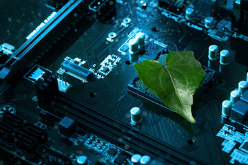 Heart shaped green leaf inside a Computer Circuit Board. Green technology and Environmental...