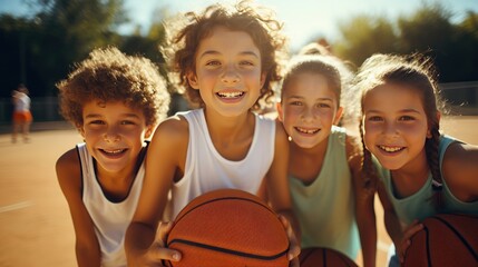 Group of cute kids playing basketball and looking at the camera at the sports field on a sunny day....