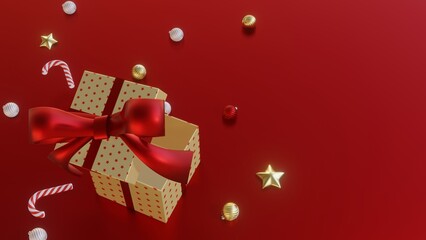 Merry Christmas and Happy New Year background. gift box, Holiday banner, 3D Render.