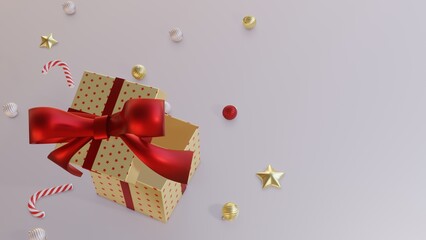 Merry Christmas and Happy New Year background. gift box, Holiday banner, 3D Render.