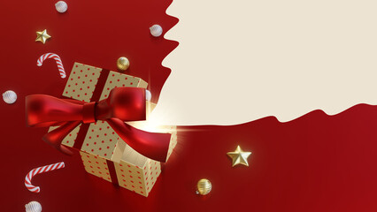 Merry Christmas and Happy New Year background. gift box, Holiday banner, 3D Render.