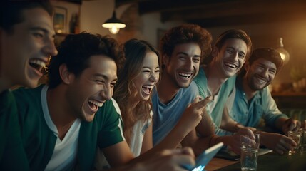 Fototapeta premium Group of friends having fun in the living room Watch smart lane football games on your mobile phone.