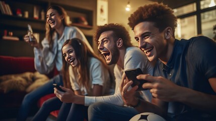 Group of friends having fun in the living room Watch smart lane football games on your mobile phone.