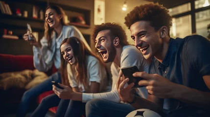 Fotobehang Group of friends having fun in the living room Watch smart lane football games on your mobile phone. © somchai20162516