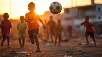 A group of children in a poor slum Touch the ball on the soccer field in the slum village. - obrazy, fototapety, plakaty