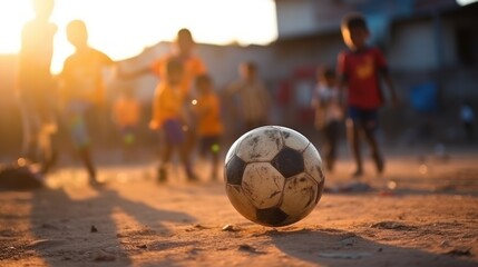 A group of children in a poor slum Touch the ball on the soccer field in the slum village.