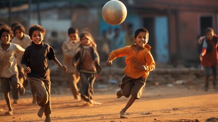 A group of children in a poor slum Touch the ball on the soccer field in the slum village.