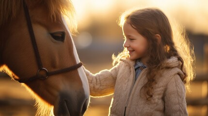 Happy child caressing horse outside on farm at sunset - Powered by Adobe