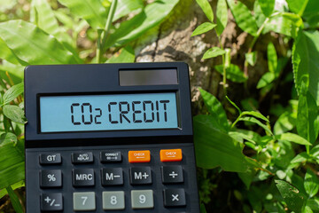 carbon credit concept.Carbon tax, CO2 credit word on calculator on a green background.carbon etf to...